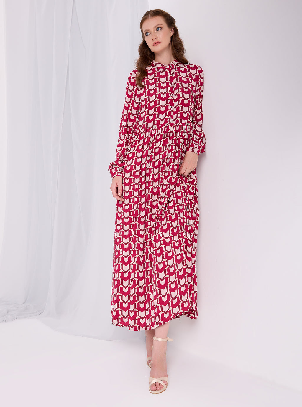 Red Printed Maxi Shirt Dress - Store WF