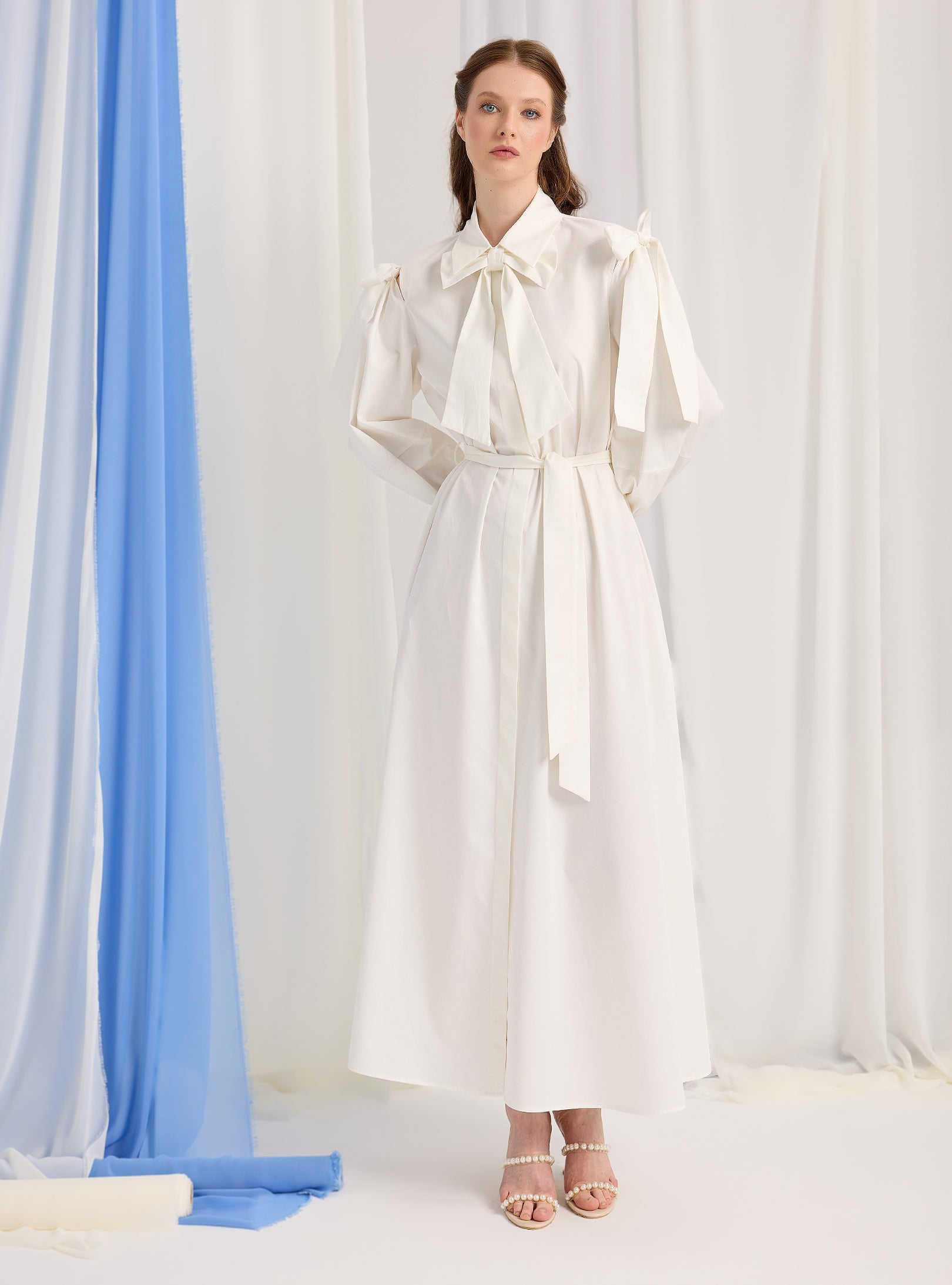 Bow Detailed White Poplin Cotton Maxi Dress - Store WF