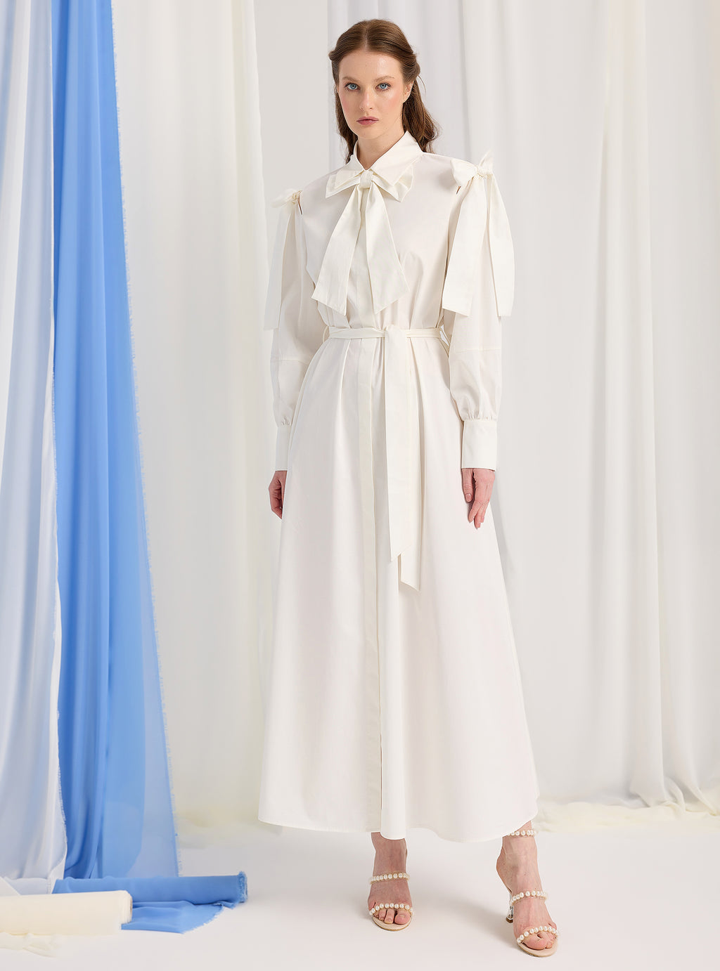 Bow Detailed White Poplin Cotton Maxi Dress - Store WF