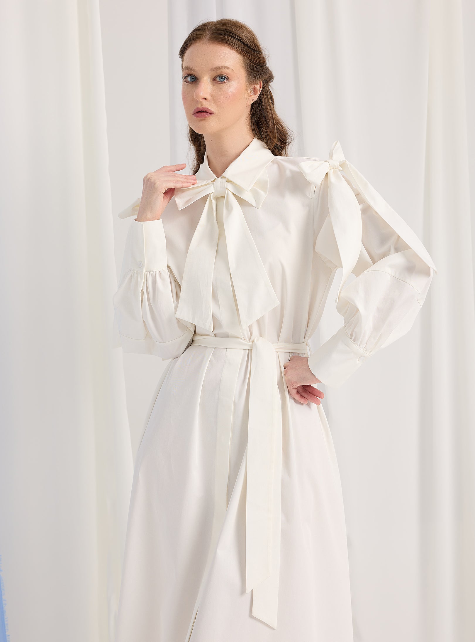 Bow Detailed White Poplin Cotton Maxi Dress - Store WF