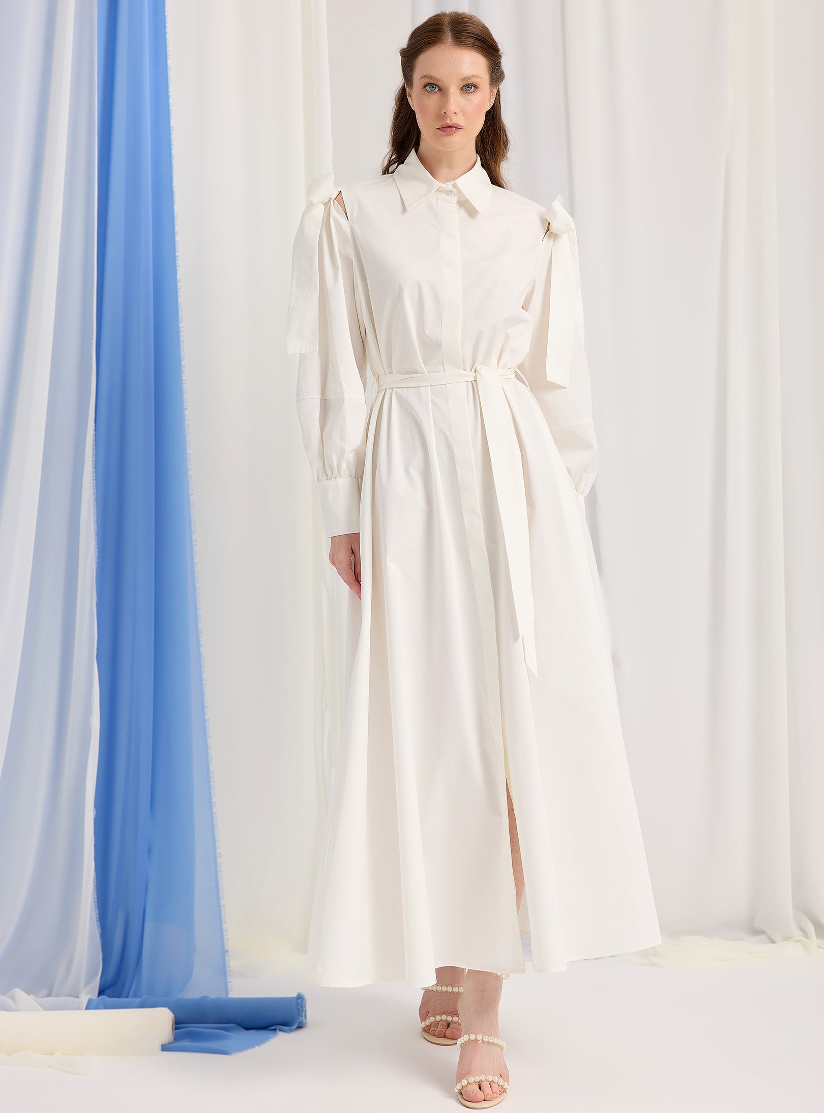 Bow Detailed White Poplin Cotton Maxi Dress