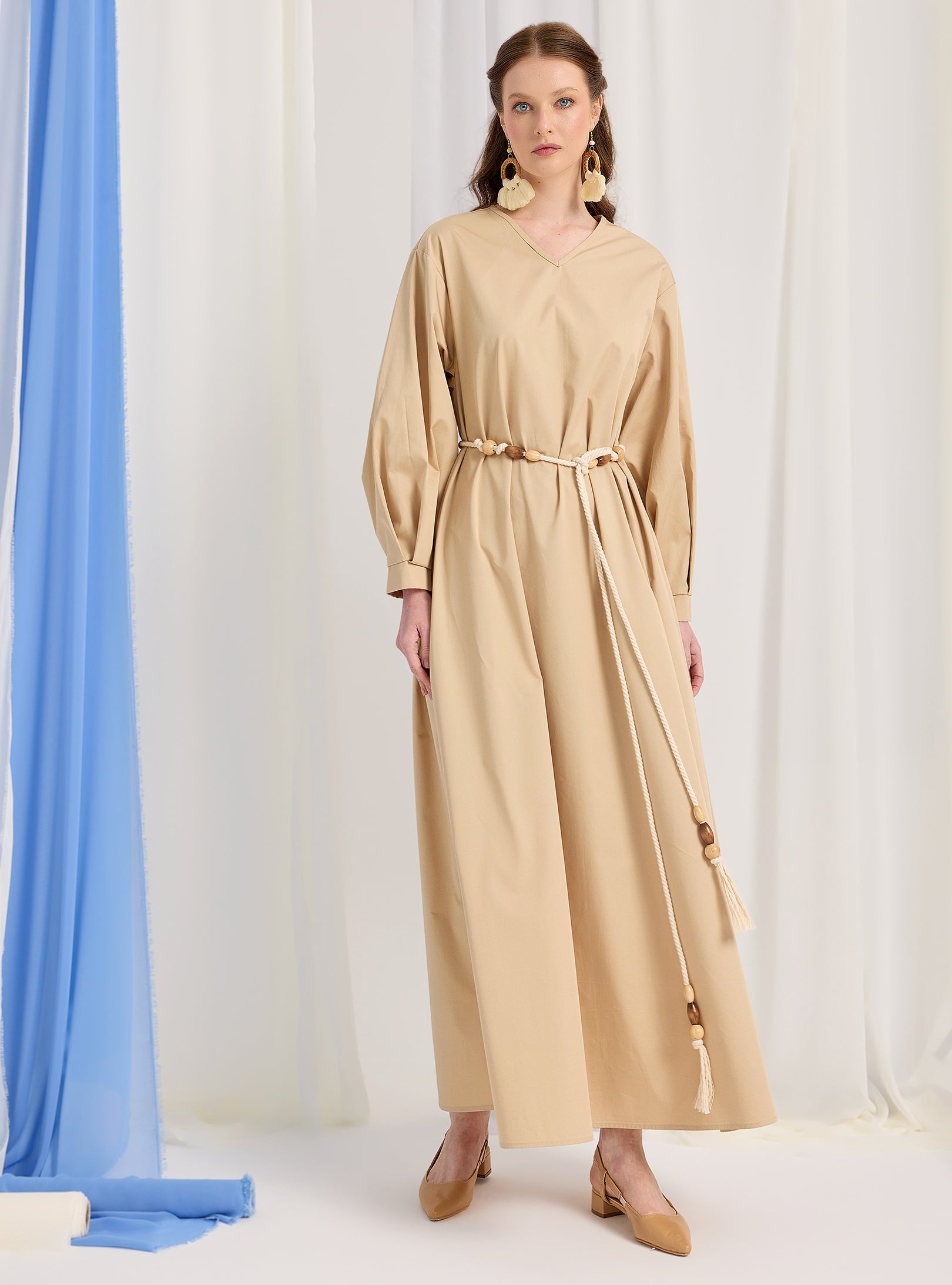 100% Cotton Poplin Belted Dress Beige β Store WF