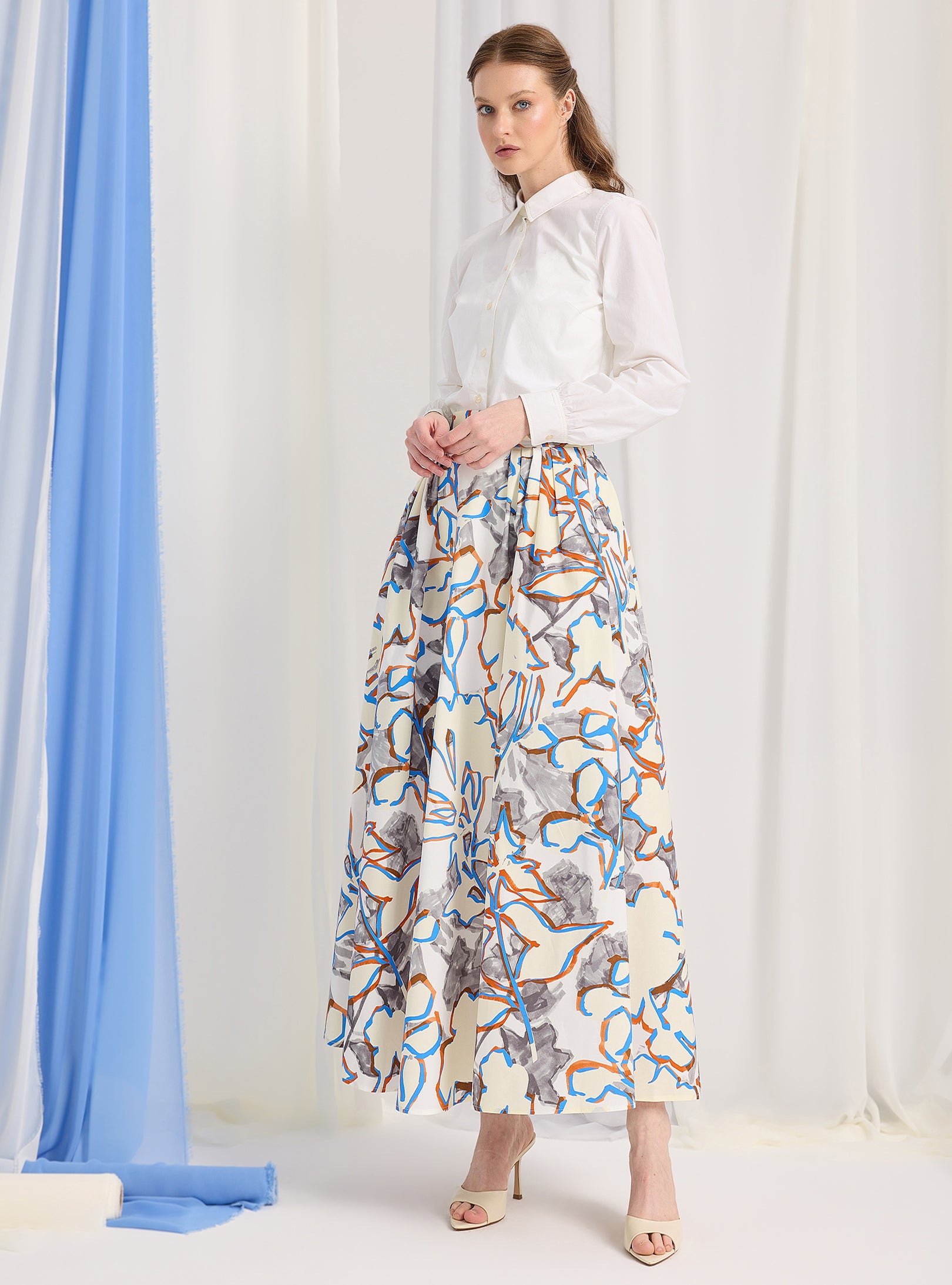 Multi colour Cotton-Poplin Plited Maxi Skirt - Store WF