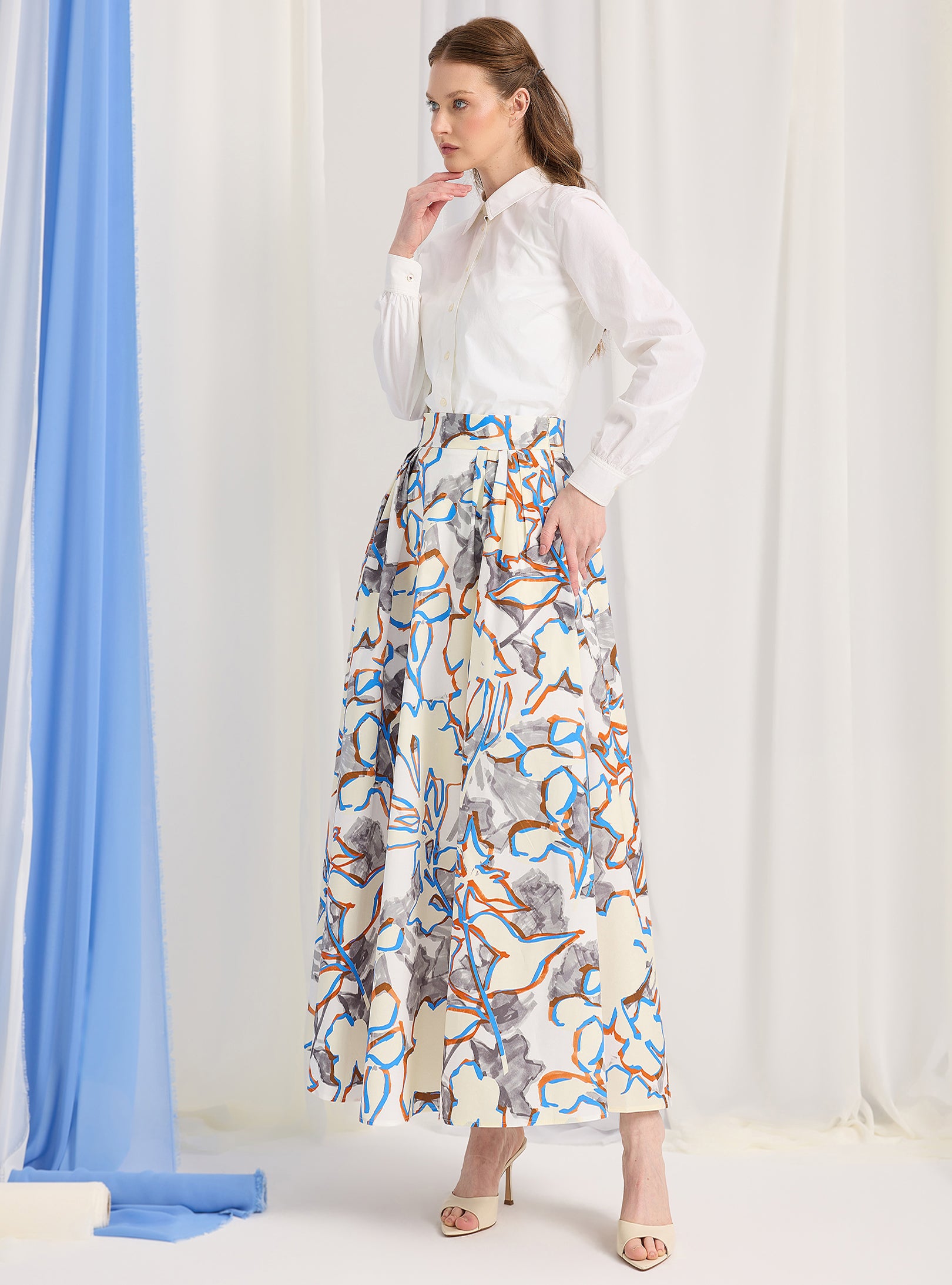 Multi colour Cotton-Poplin Plited Maxi Skirt - Store WF