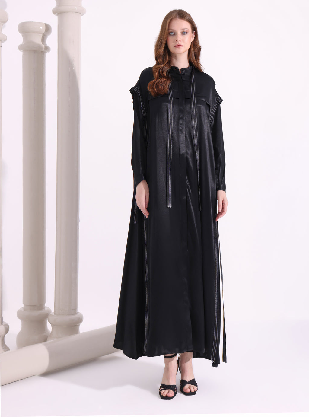 Kontrast Dikişli Siyah Maksi Elbise - WF Atelier