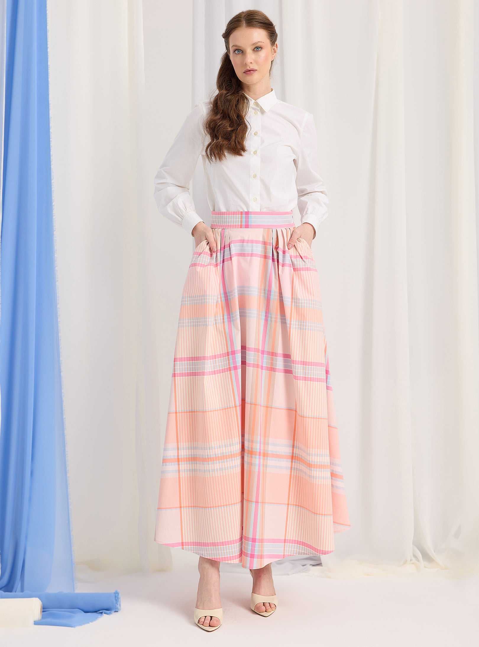 Check Print Cotton-Poplin Plited Maxi Skirt - Store WF