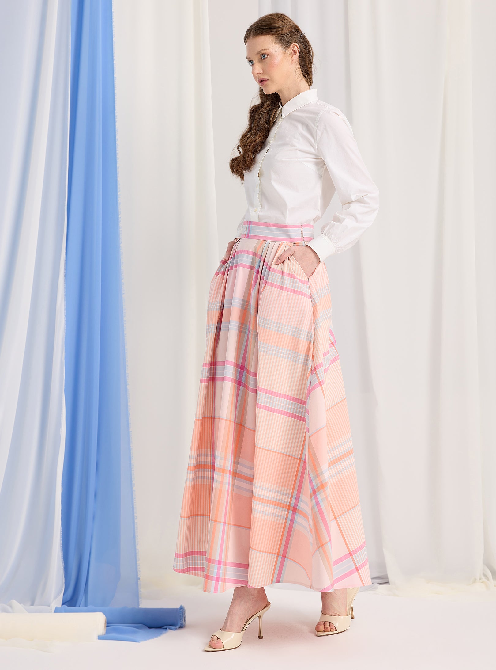 Check Print Cotton-Poplin Plited Maxi Skirt - Store WF