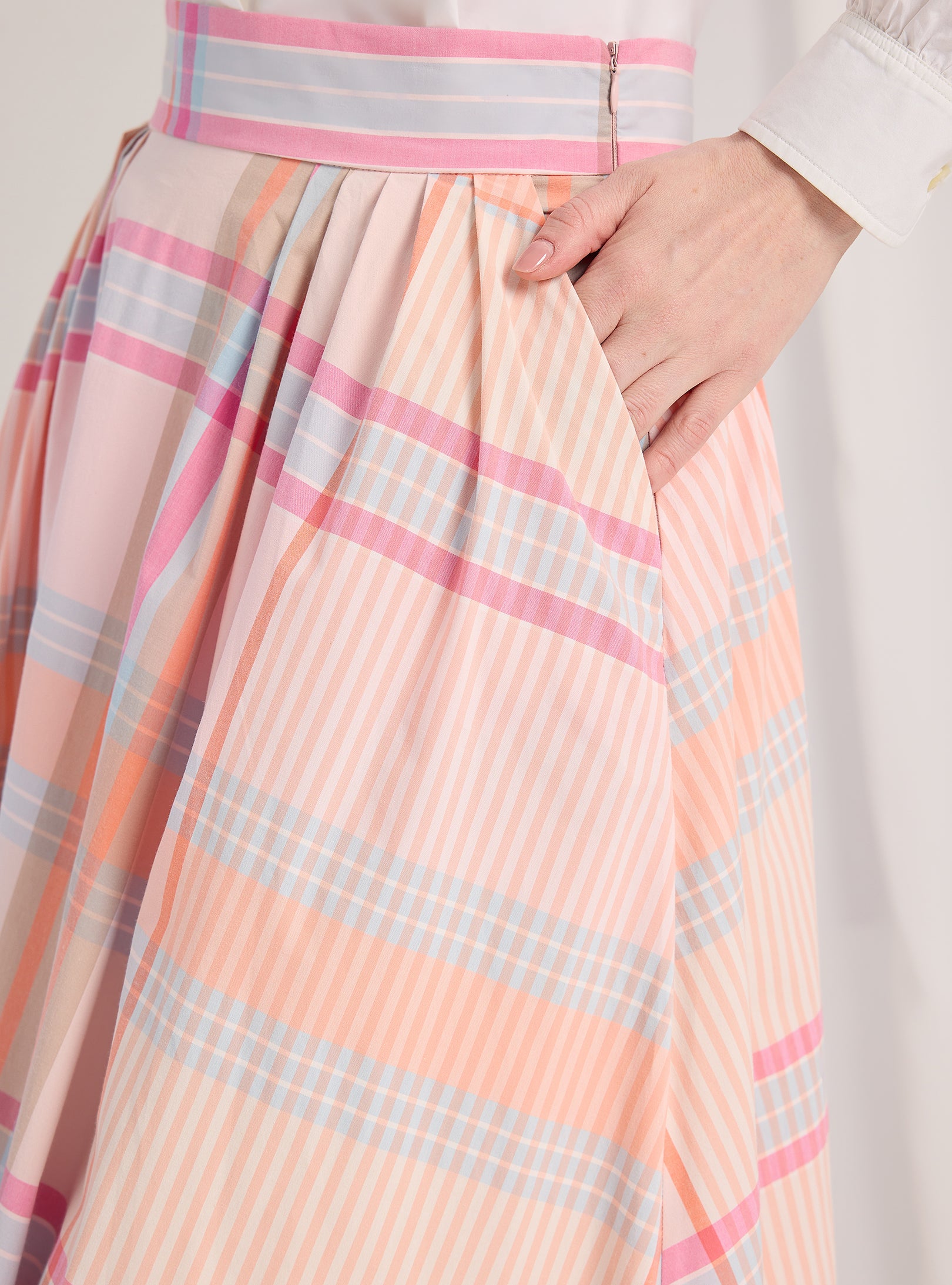 Check Print Cotton-Poplin Plited Maxi Skirt - Store WF