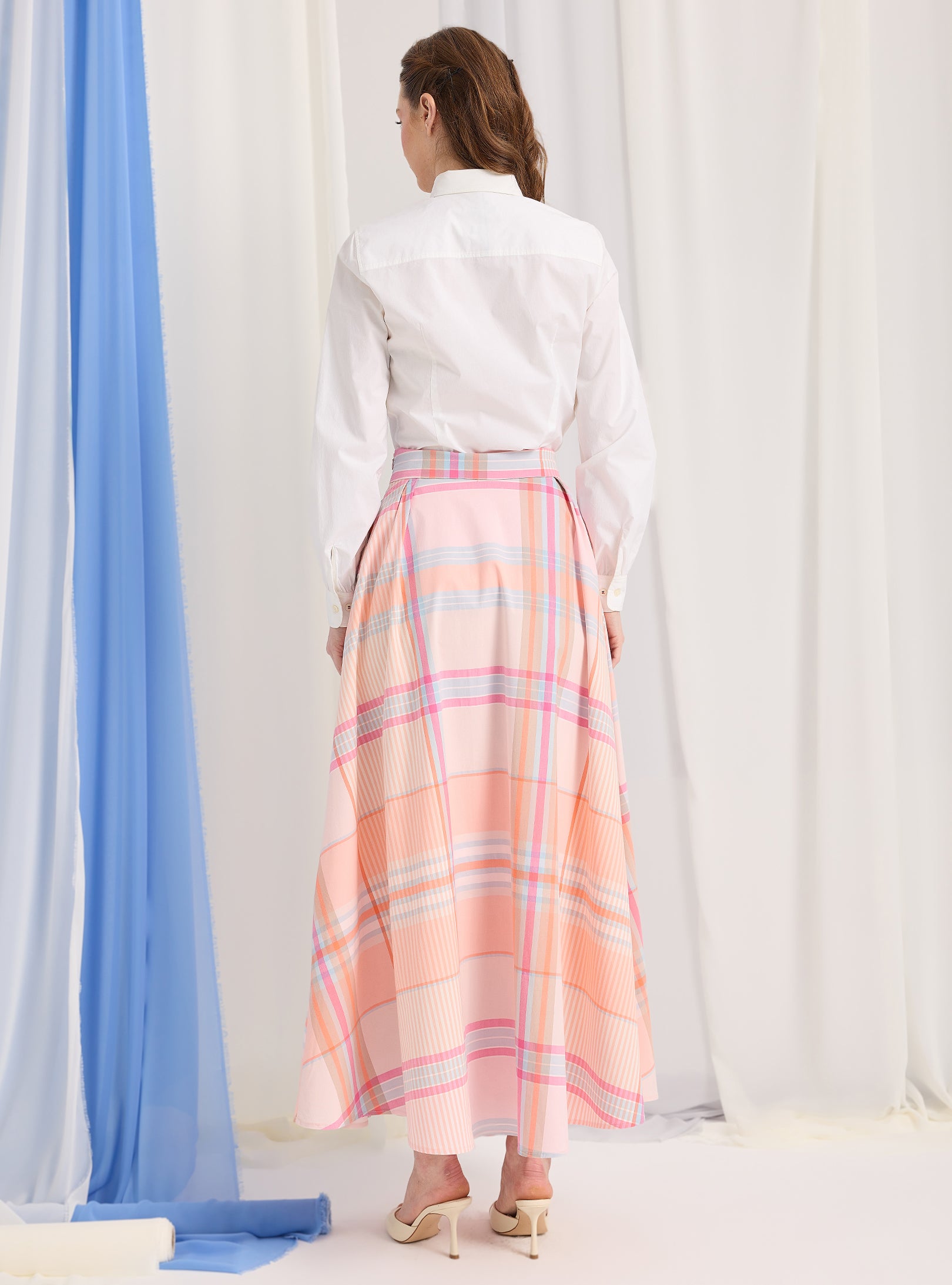 Check Print Cotton-Poplin Plited Maxi Skirt - Store WF