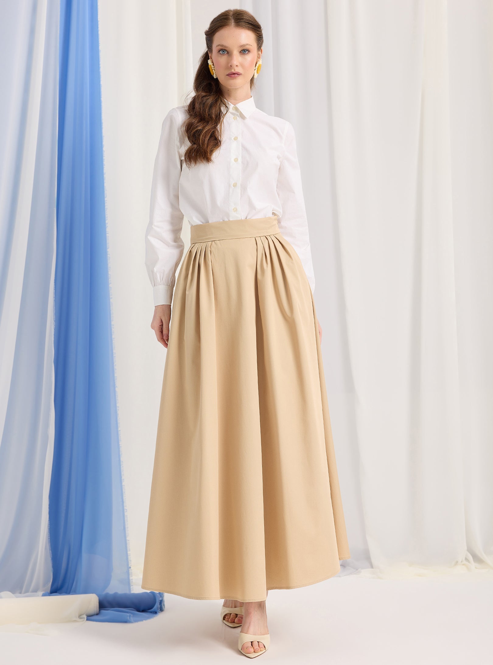 Beige Cotton-Poplin Plited Maxi Skirt - Store WF