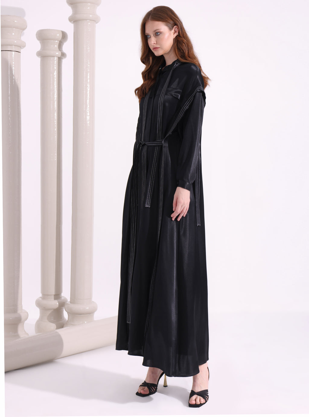 Kontrast Dikişli Siyah Maksi Elbise - WF Atelier