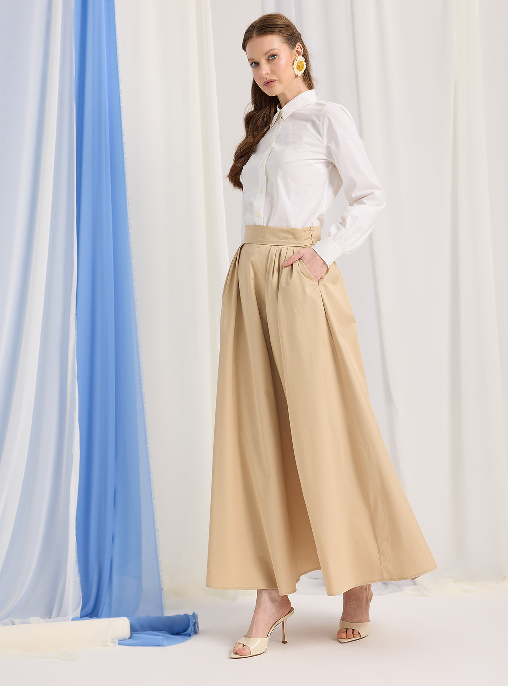 Beige Cotton-Poplin Plited Maxi Skirt - Store WF
