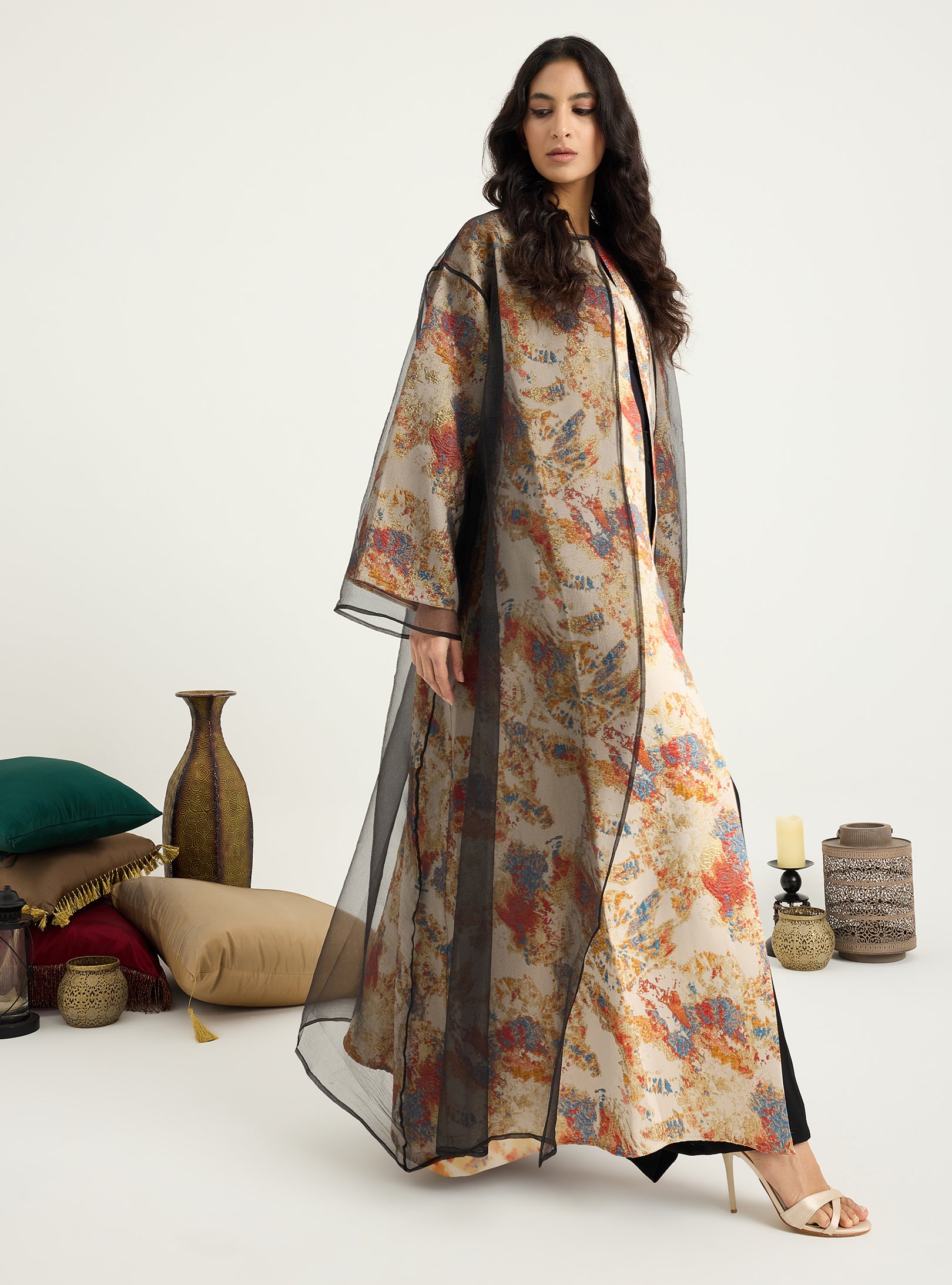 Two-Piece Double Layer Orange jaquarde Organze Abaya - Store WF