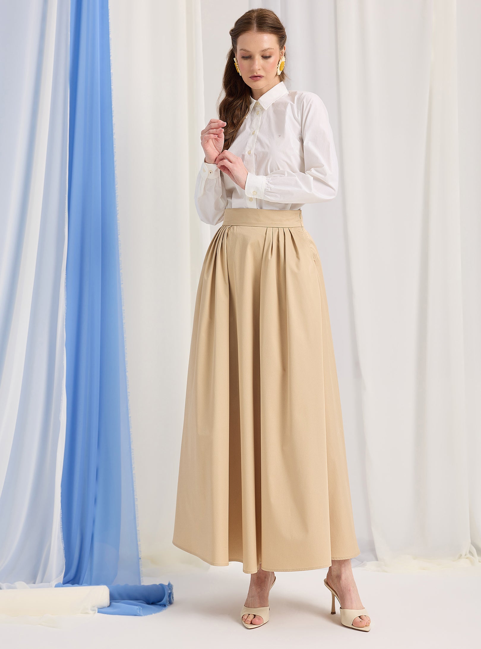Beige Cotton-Poplin Plited Maxi Skirt - Store WF