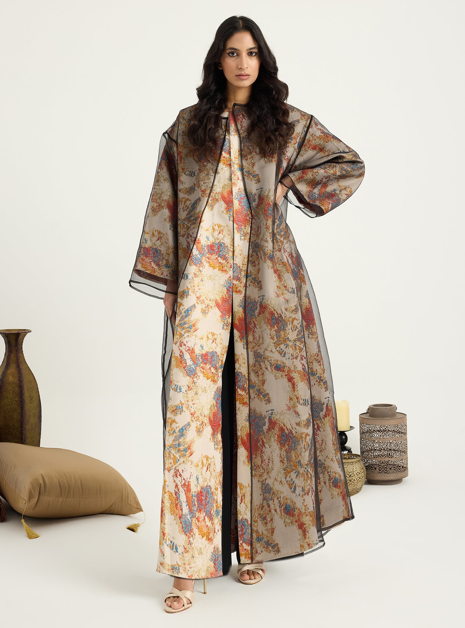 Two-Piece Double Layer Orange jaquarde Organze Abaya - Store WF