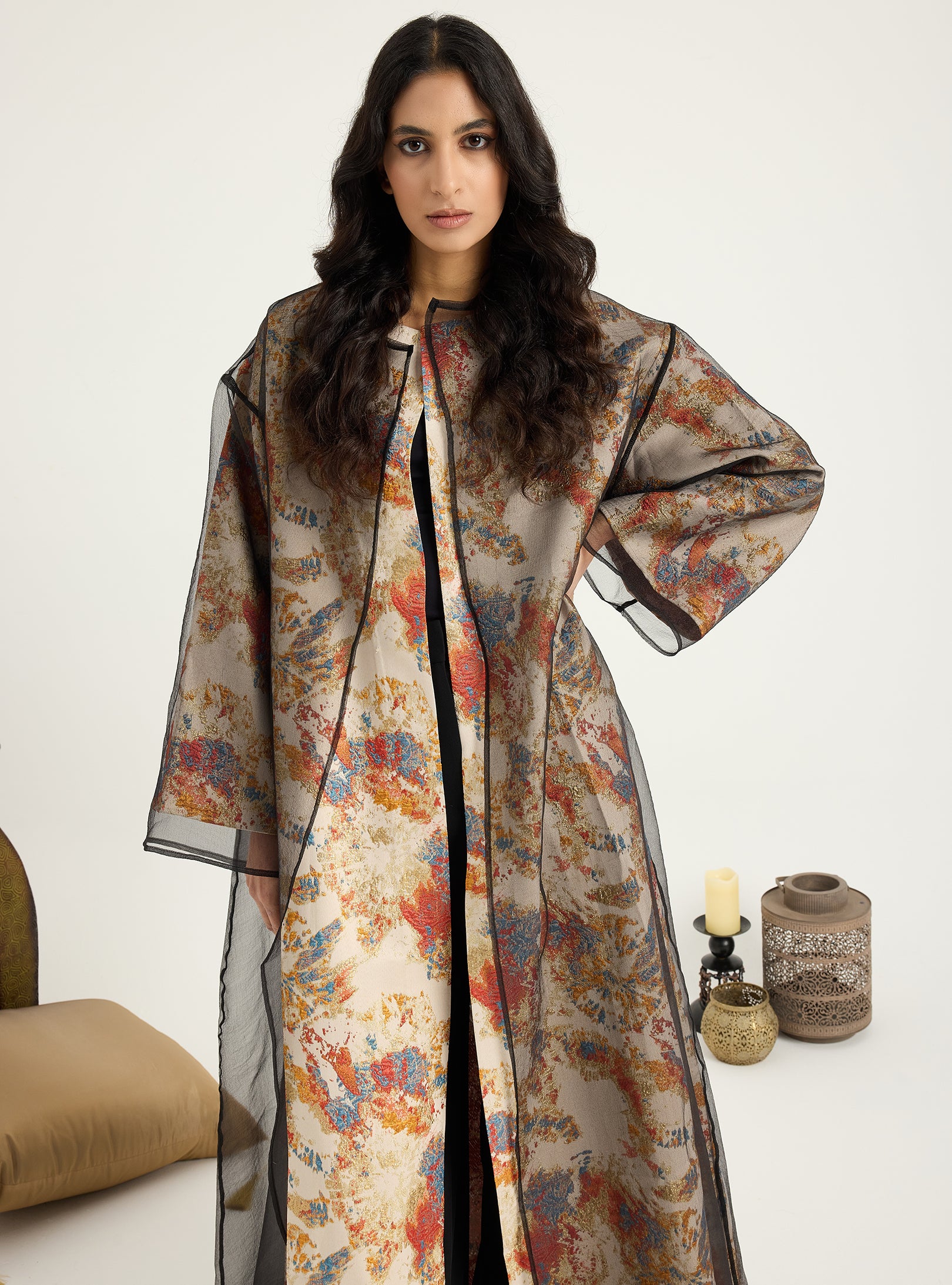 Two-Piece Double Layer Orange jaquarde Organze Abaya - Store WF