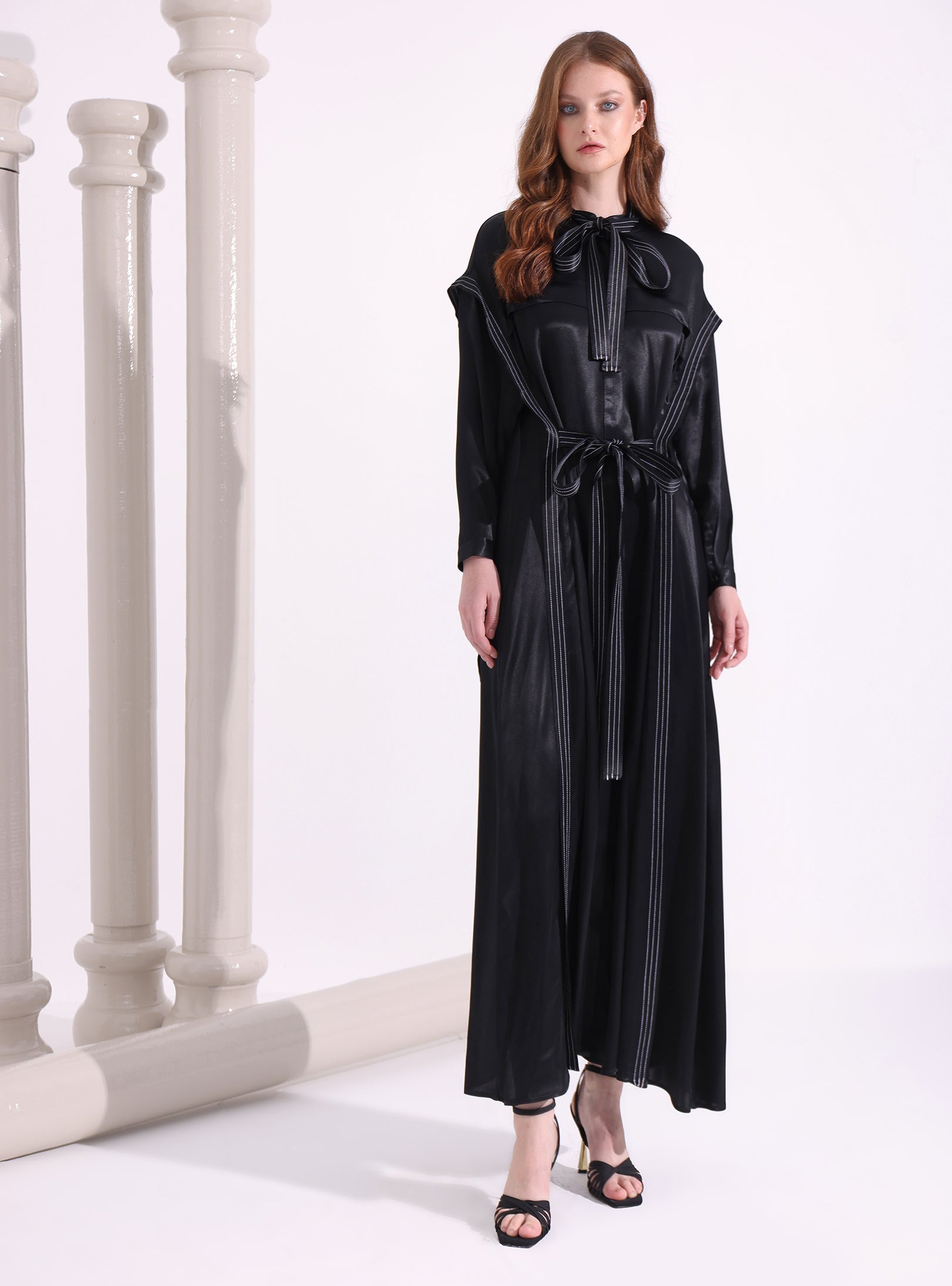 Kontrast Dikişli Siyah Maksi Elbise - WF Atelier