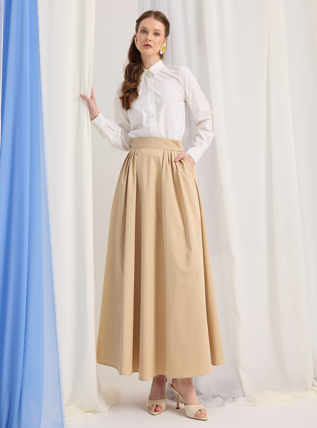 Beige Cotton-Poplin Plited Maxi Skirt - Store WF