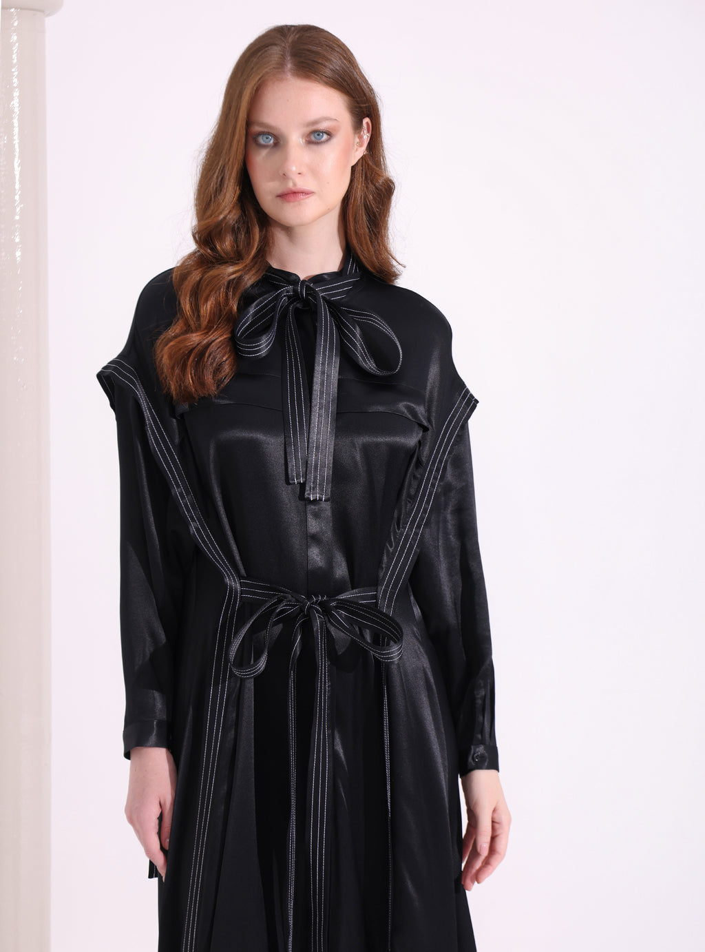 Kontrast Dikişli Siyah Maksi Elbise - WF Atelier