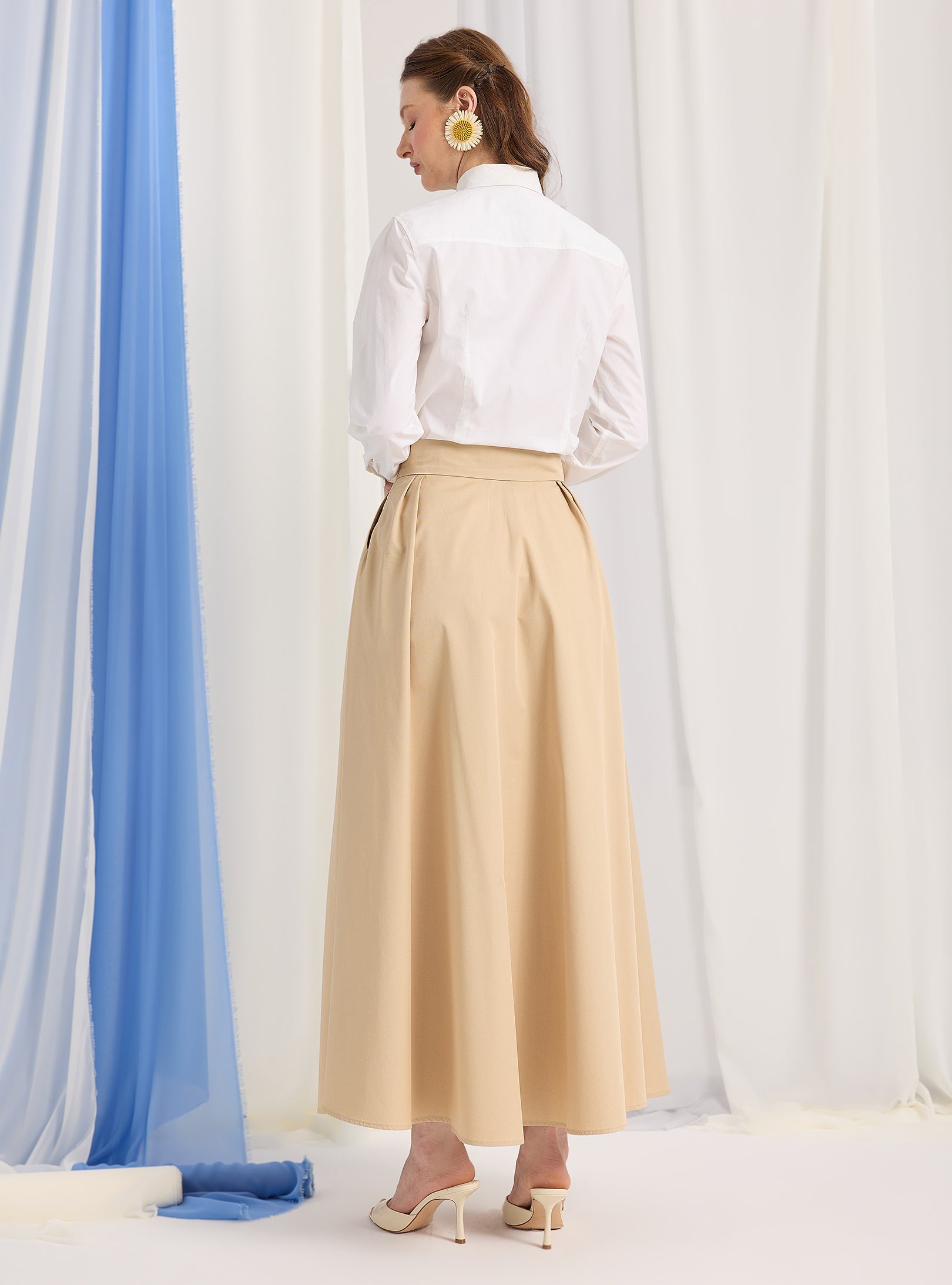 Beige Cotton-Poplin Plited Maxi Skirt - Store WF