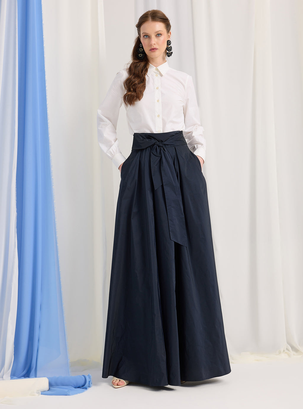 Navy Taffeta Belted Maxi Skirt - Store WF