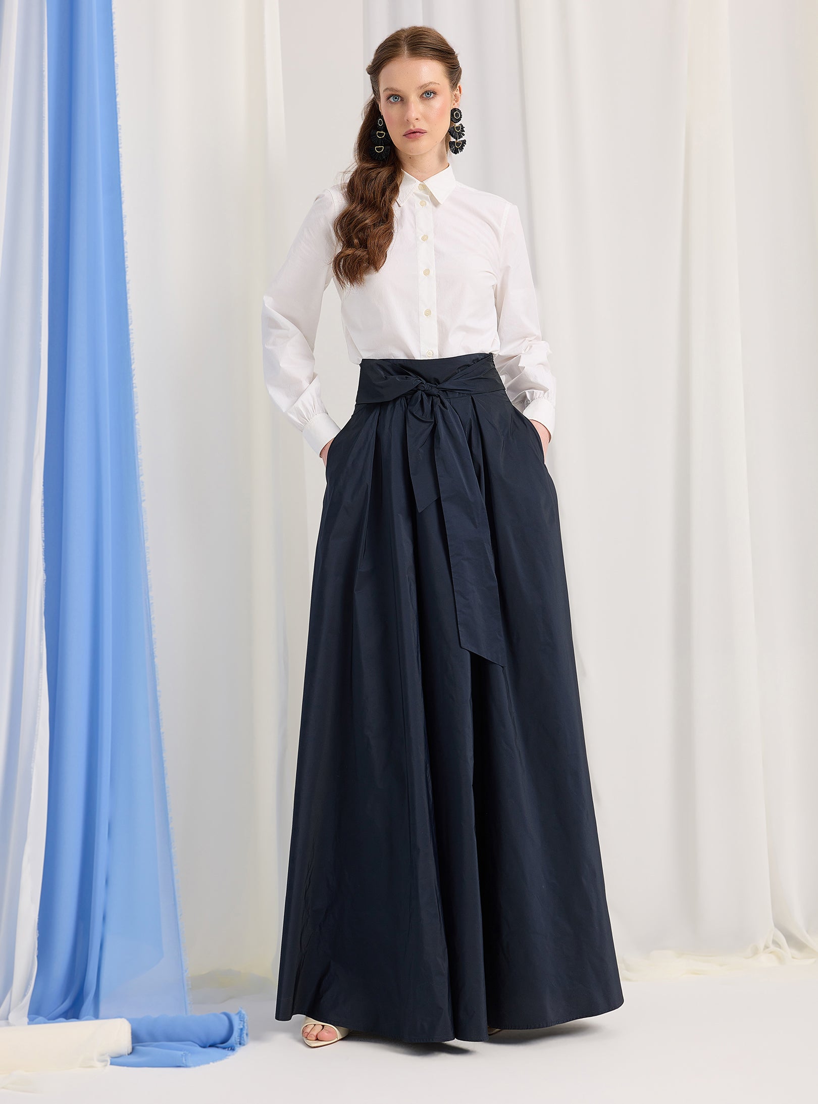 Navy Taffeta Belted Maxi Skirt - Store WF