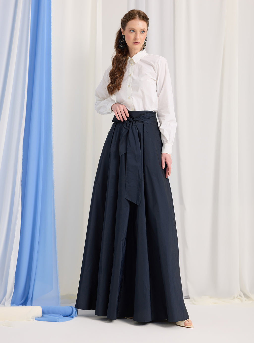 Navy Taffeta Belted Maxi Skirt - Store WF