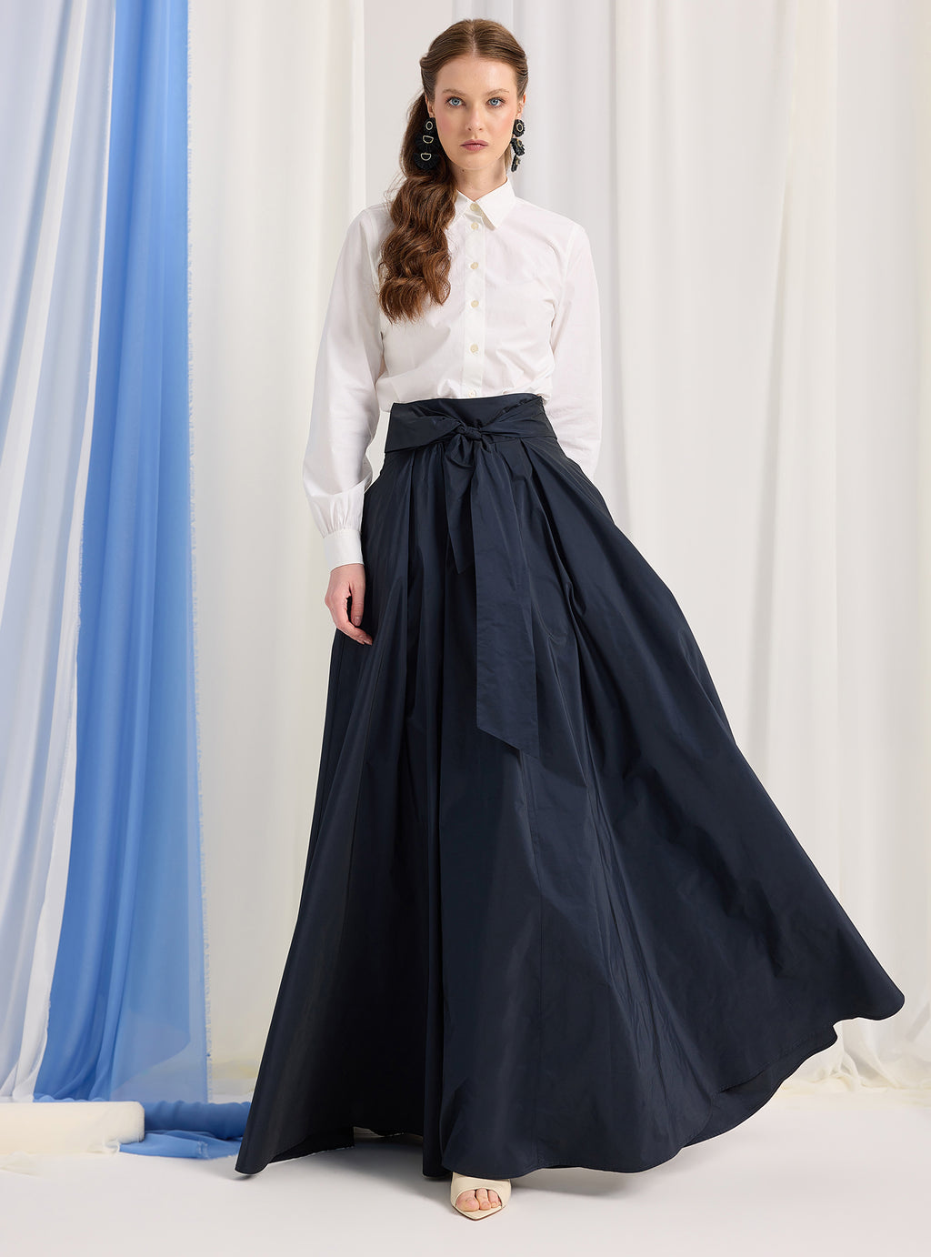 Navy Taffeta Belted Maxi Skirt - Store WF