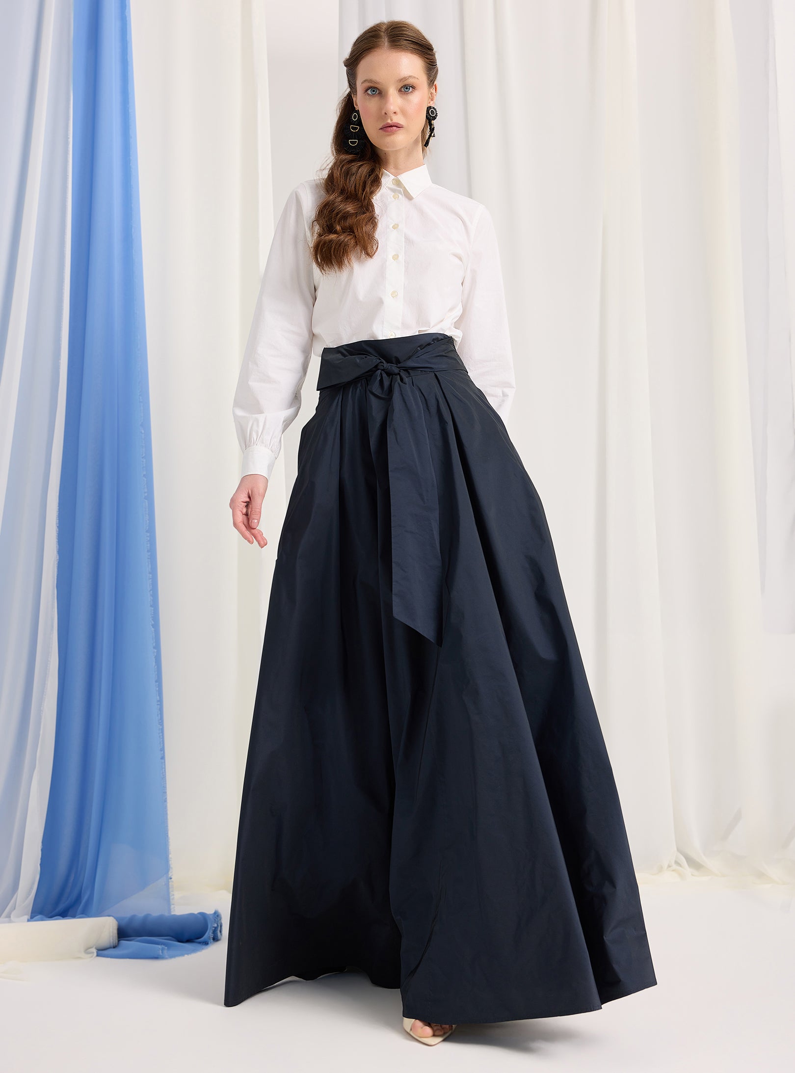 Navy Taffeta Belted Maxi Skirt - Store WF