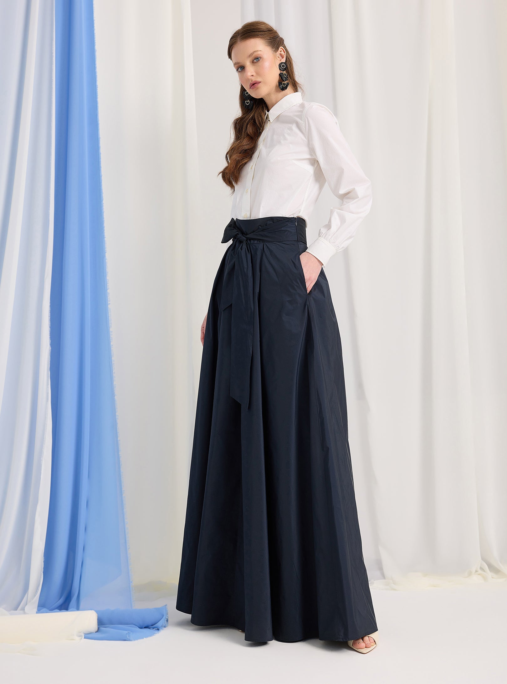 Navy Taffeta Belted Maxi Skirt - Store WF