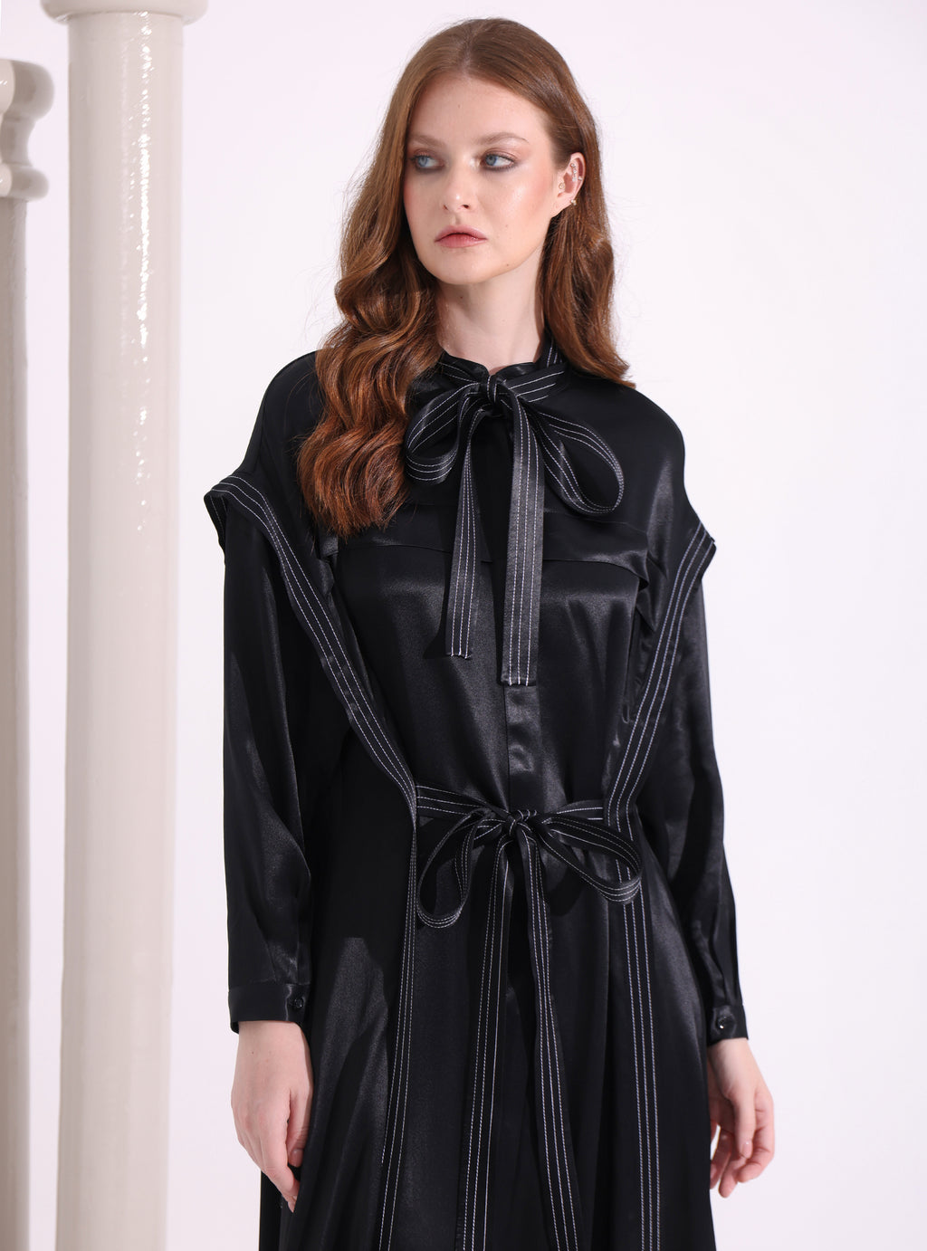 Kontrast Dikişli Siyah Maksi Elbise - WF Atelier