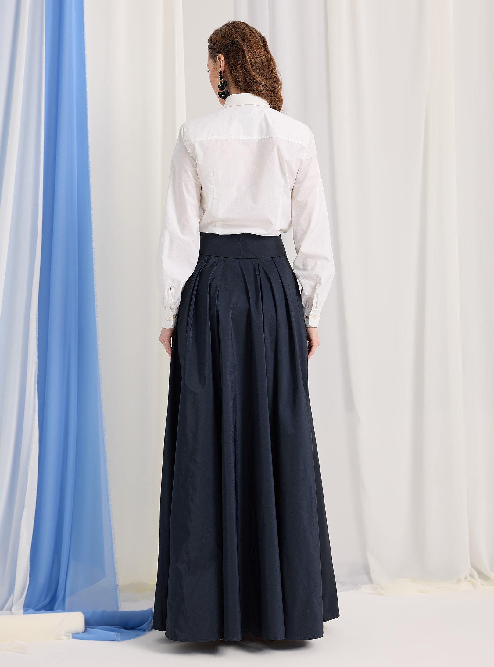 Navy Taffeta Belted Maxi Skirt - Store WF