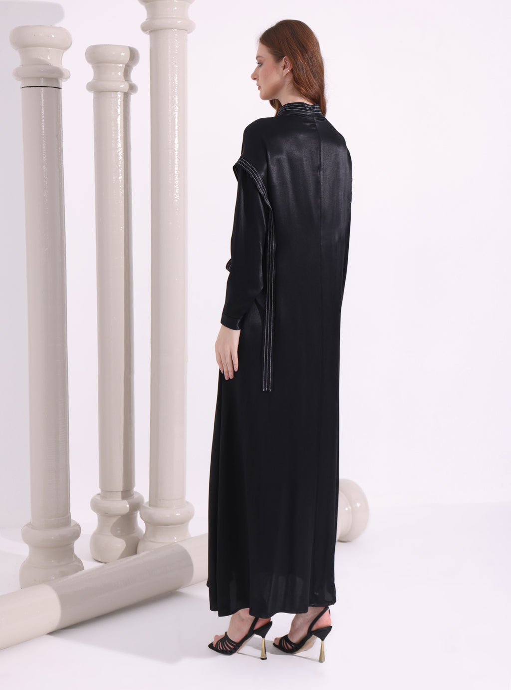 Kontrast Dikişli Siyah Maksi Elbise - WF Atelier