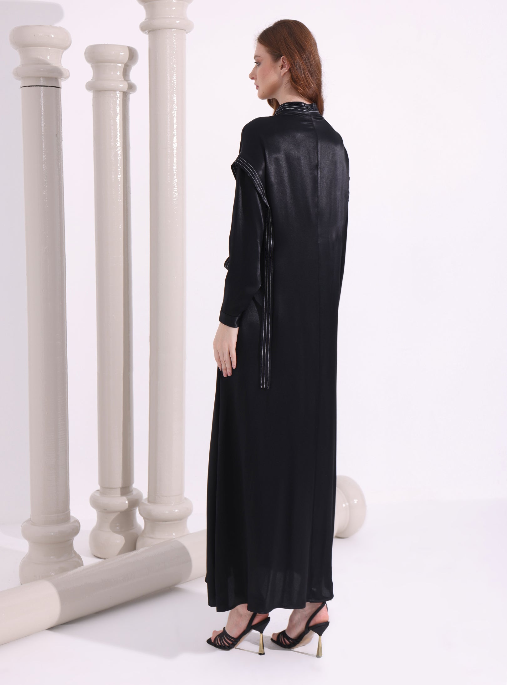 Kontrast Dikişli Siyah Maksi Elbise - WF Atelier