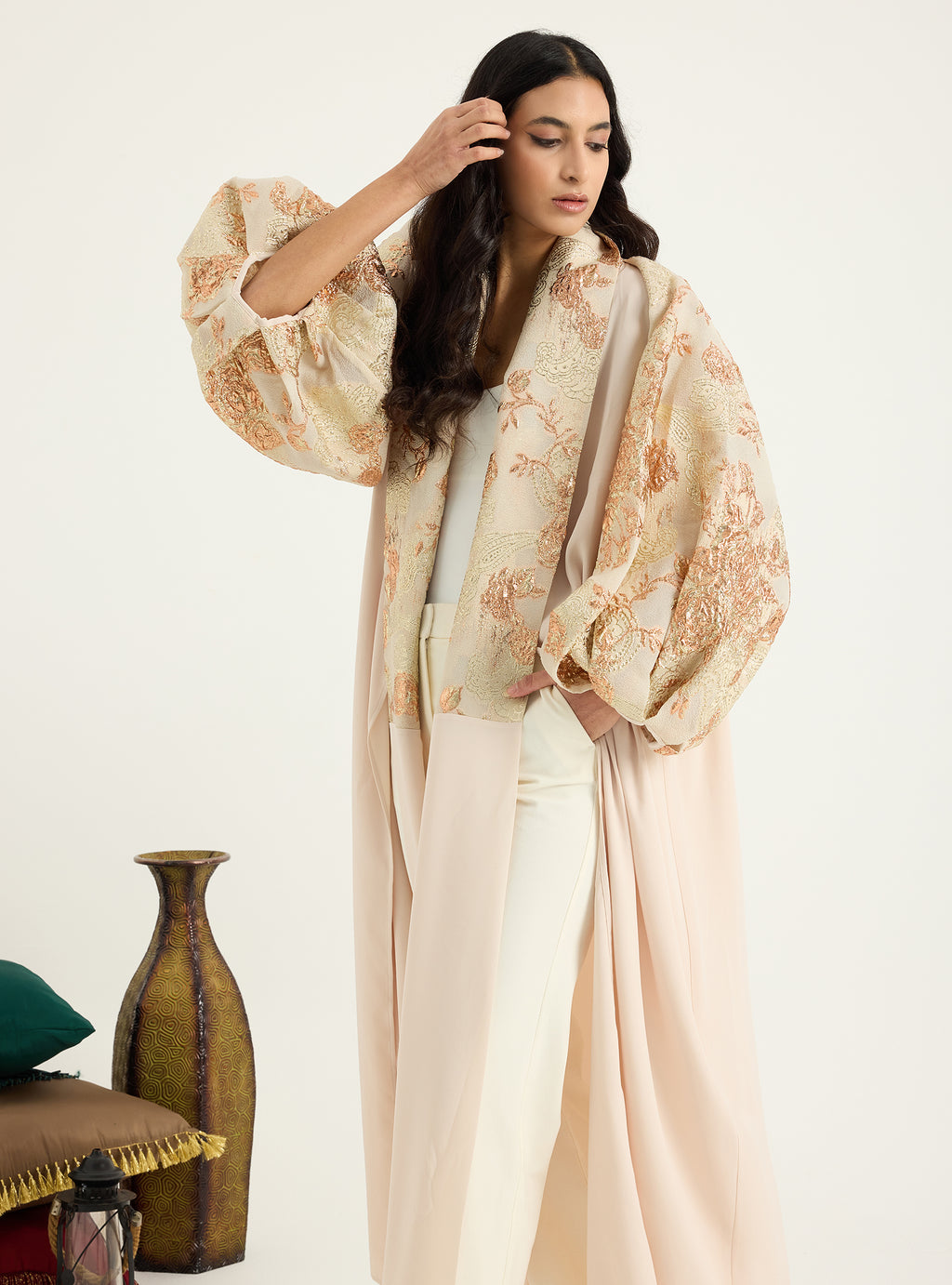 Rose Gold Flower jacquard Abaya Kaftan - Store WF