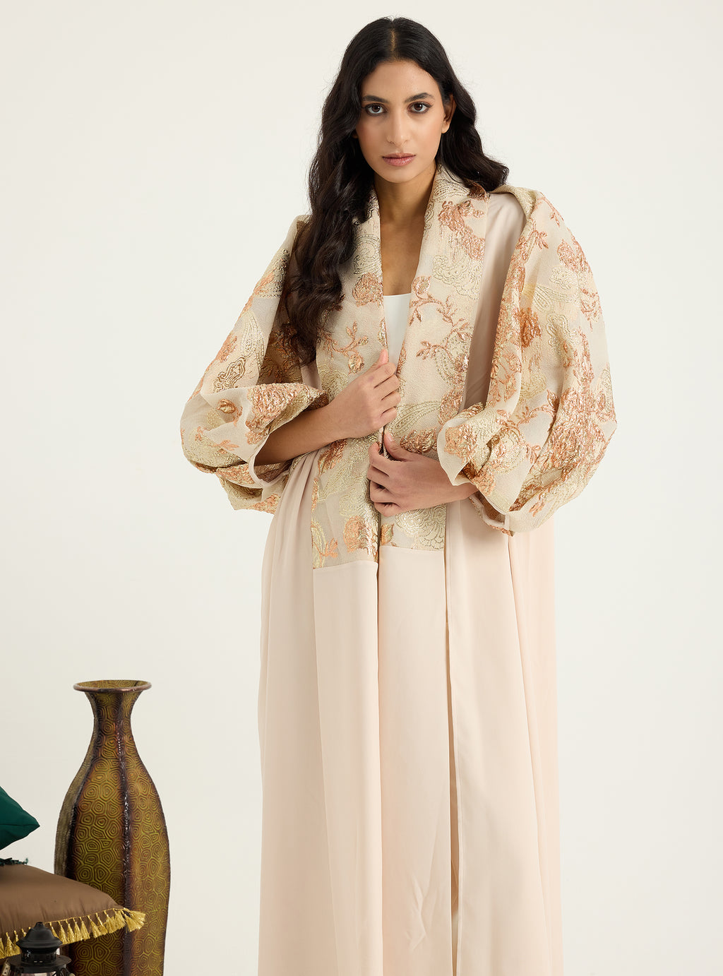Rose Gold Flower jacquard Abaya Kaftan - Store WF