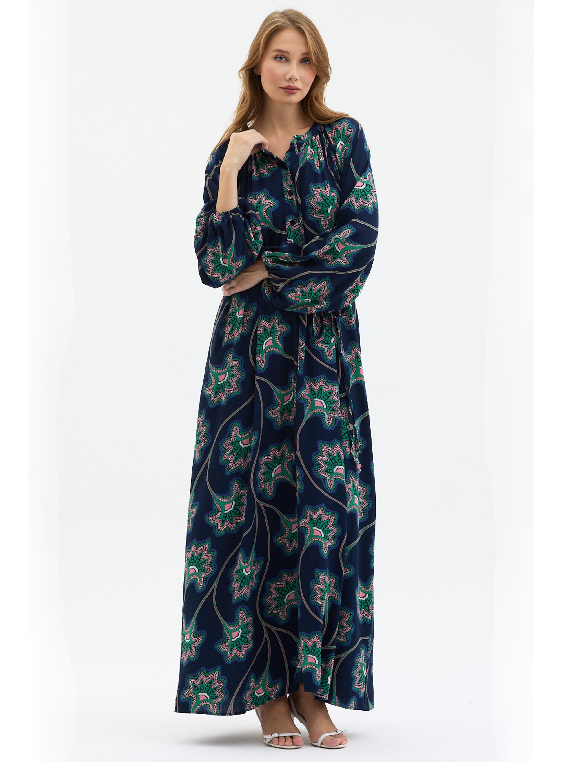 Navy Blue Floral Maxi Dress with Belted Waist & Balloon Sleeves - Store WF