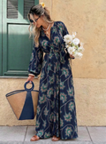 Navy Blue Floral Maxi Dress with Belted Waist & Balloon Sleeves - Store WF