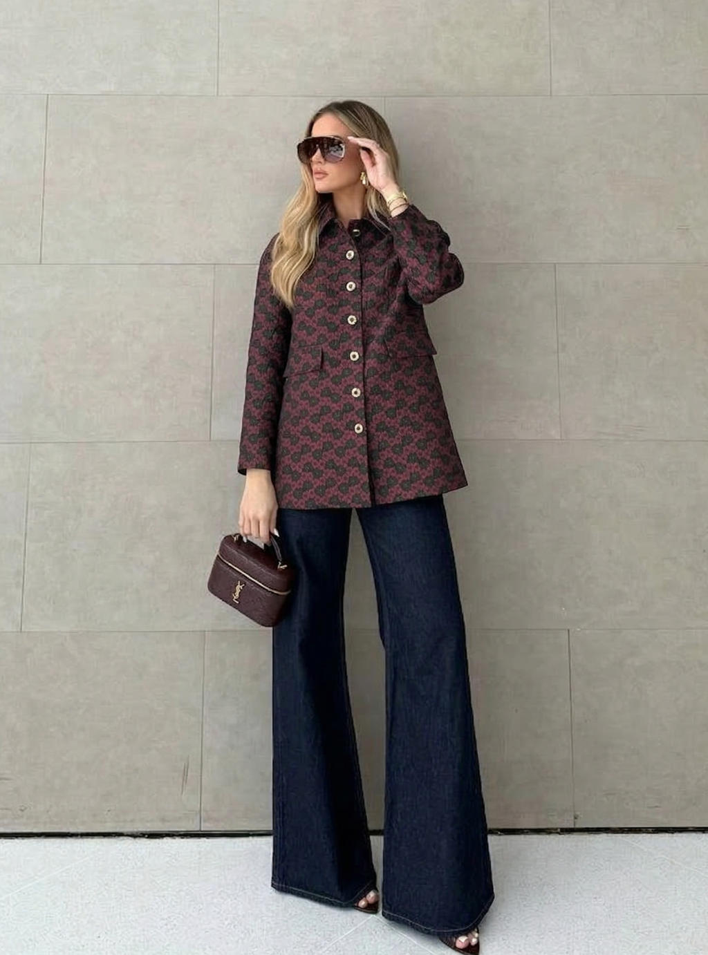 Altın Düğmeli Bordo Jakarlı Ceket - WF Atelier