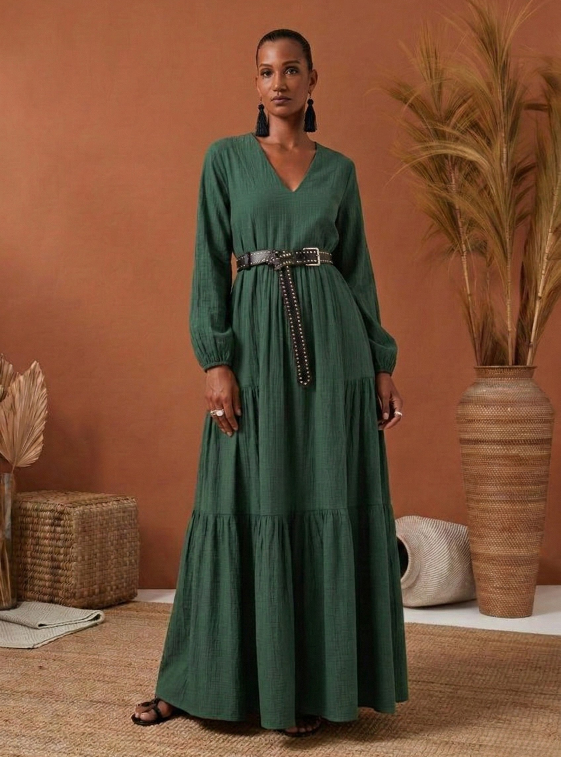 Green Cotton V Neck Maxi Dress - Store WF