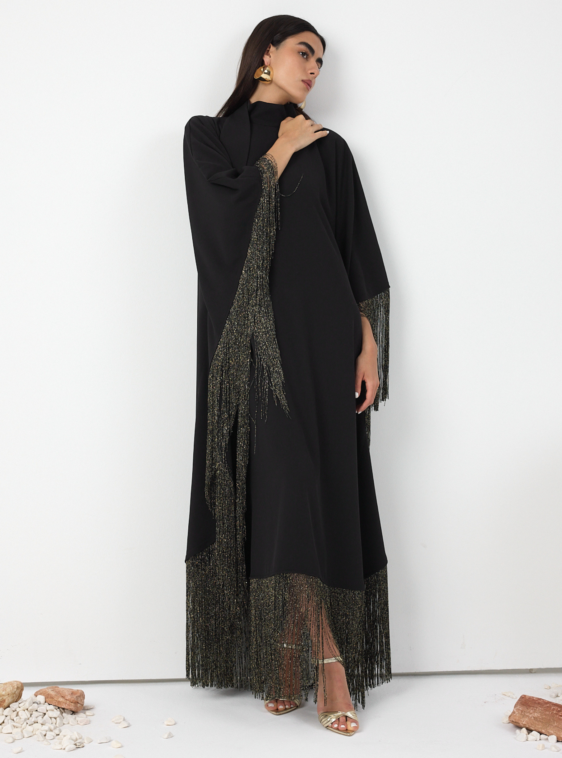 Black Gold Fringed Kaftan Dress With Tie Neck Detailed - Store WF