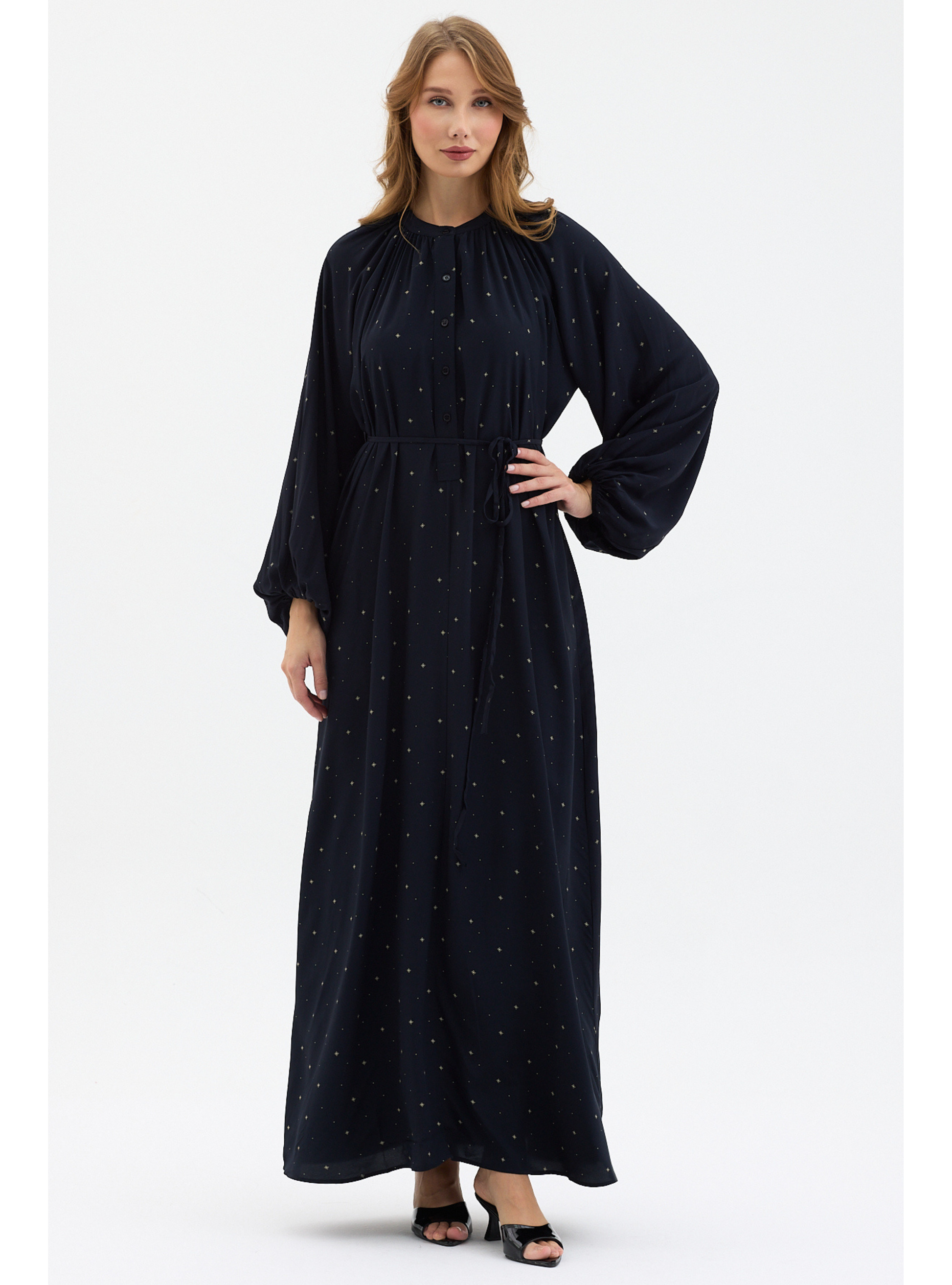 Navy Geometric Print Belted Maxi Dress - Store WF