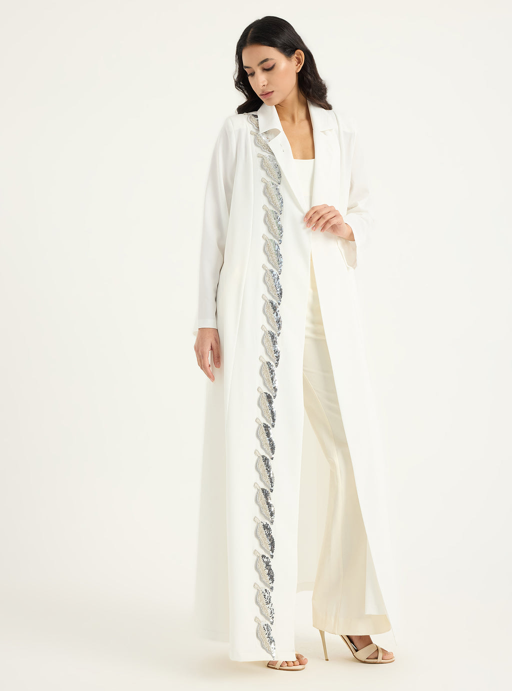 Silver Embellishment white Jacket Abaya - Store WF
