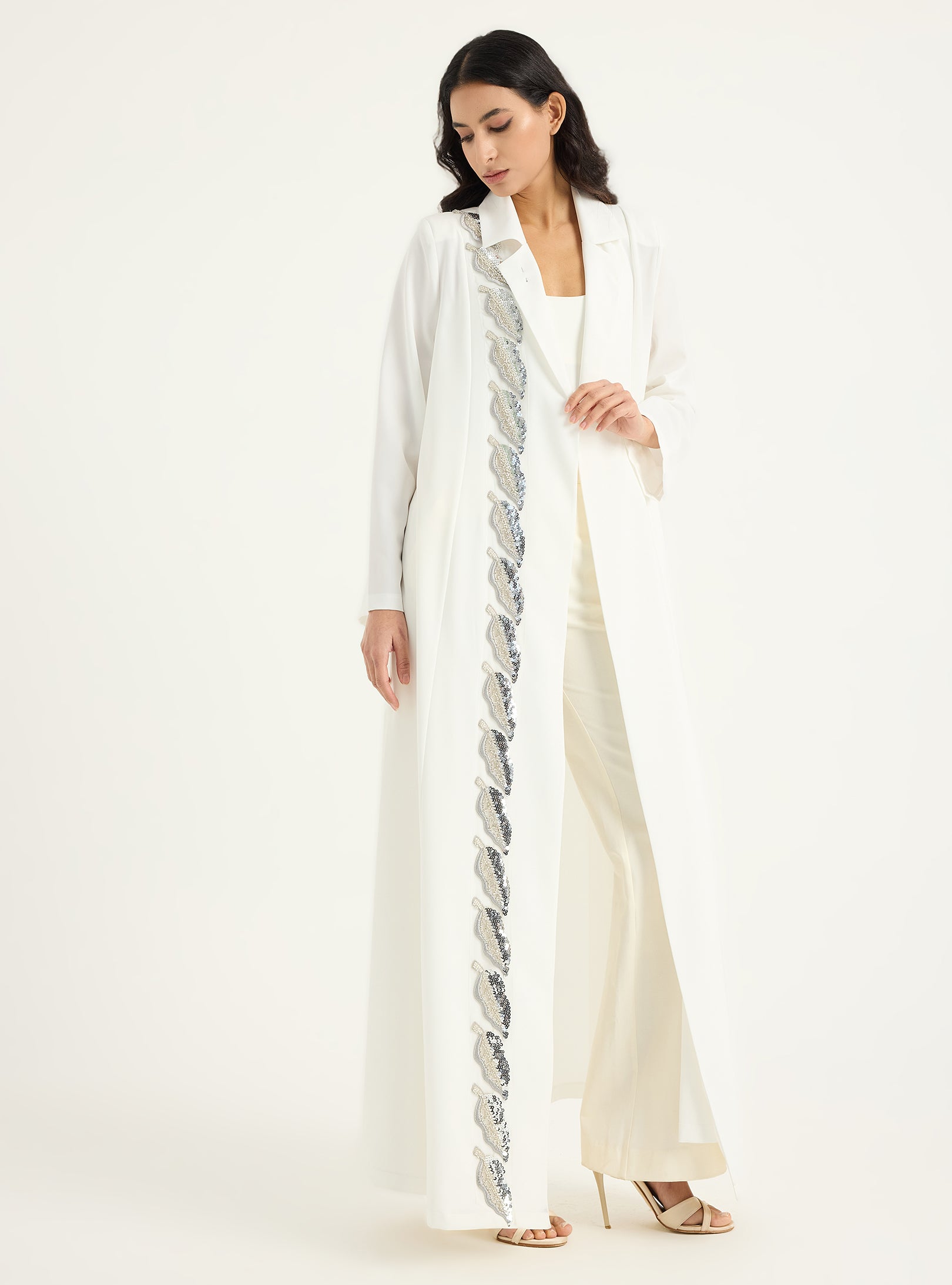 Silver Embellishment white Jacket Abaya - Store WF