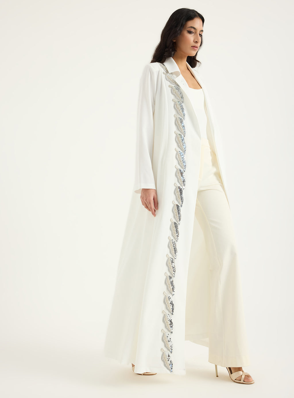 Silver Embellishment white Jacket Abaya - Store WF