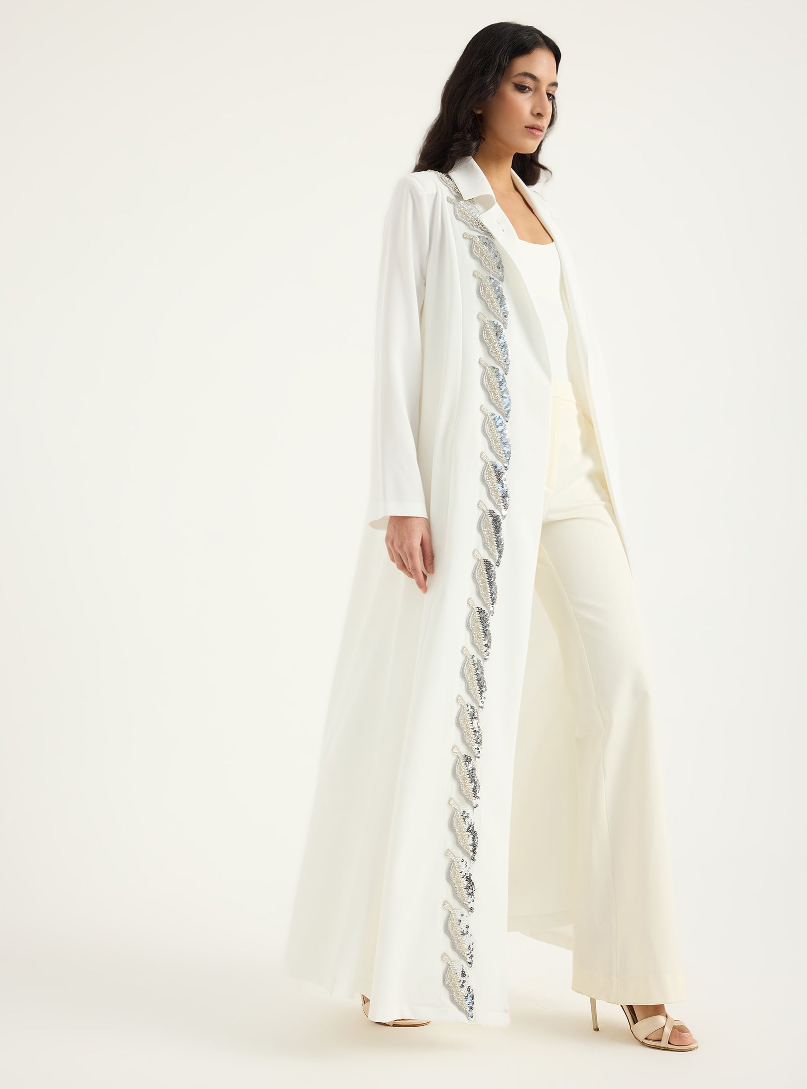 Silver Embellishment white Jacket Abaya - Store WF