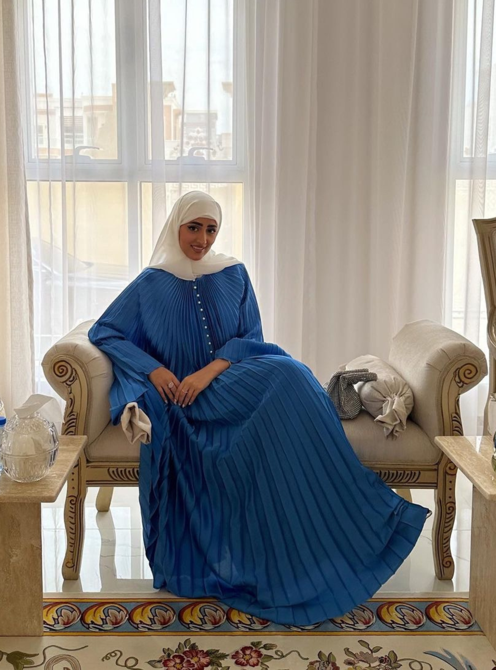 Pearls Button Plisse-Satin Maxi Dress Kaftan Blue - Store WF