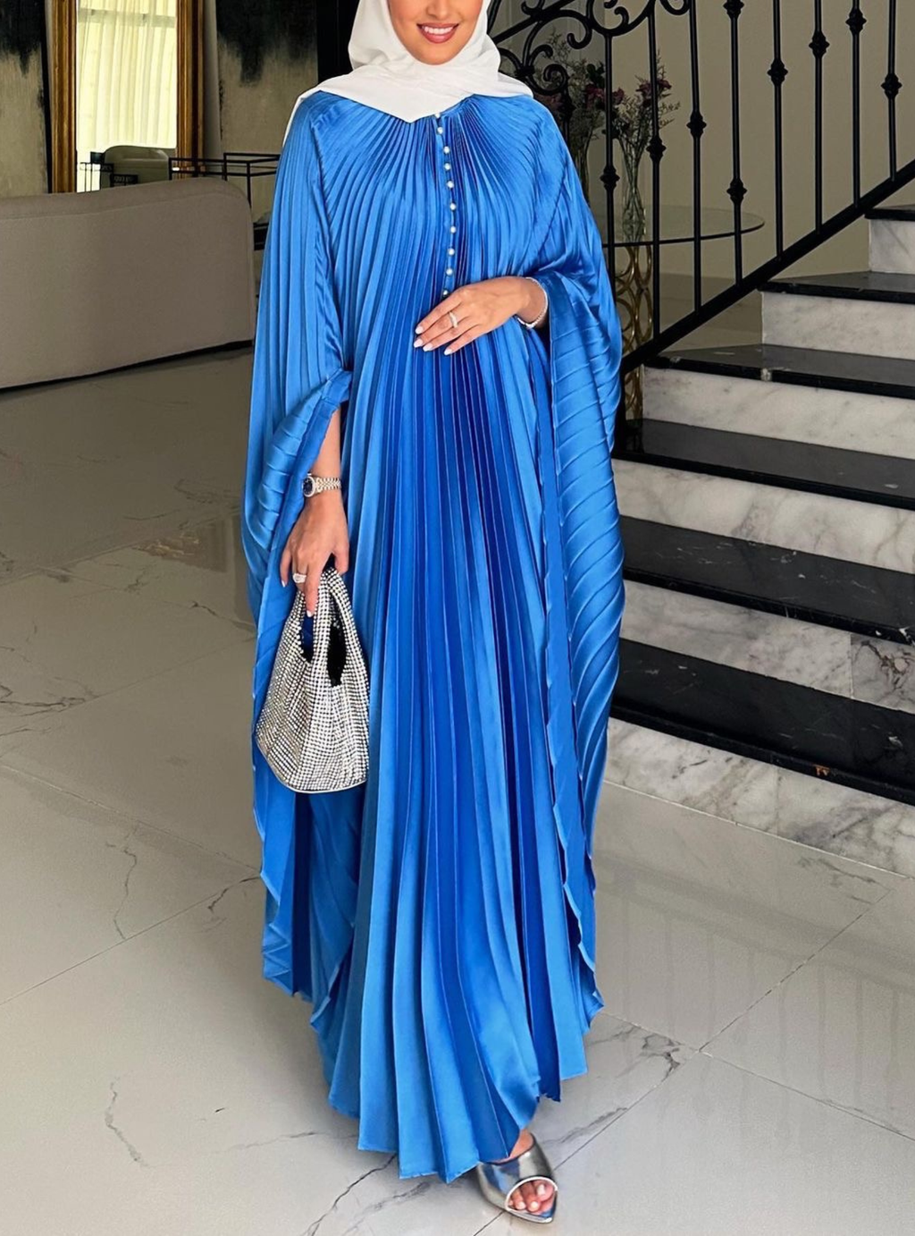 Pearls Button Plisse-Satin Maxi Dress Kaftan Blue - Store WF