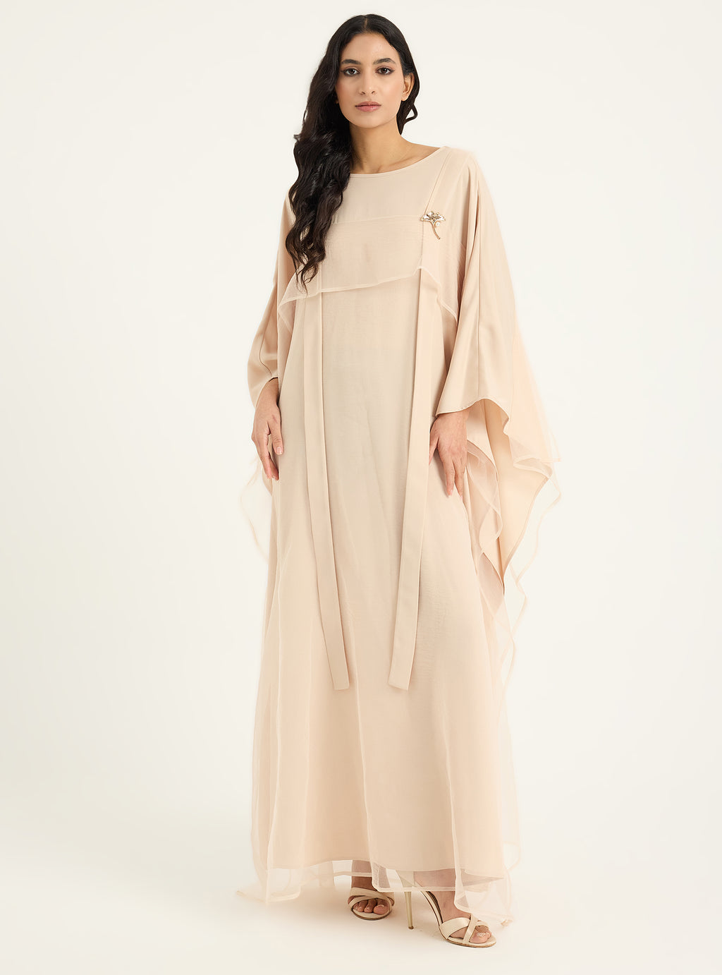 Beige Organza Double Layer Kaftan Dress - Store WF