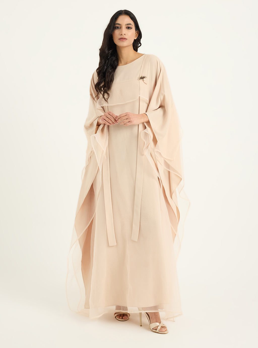 Beige Organza Double Layer Kaftan Dress - Store WF